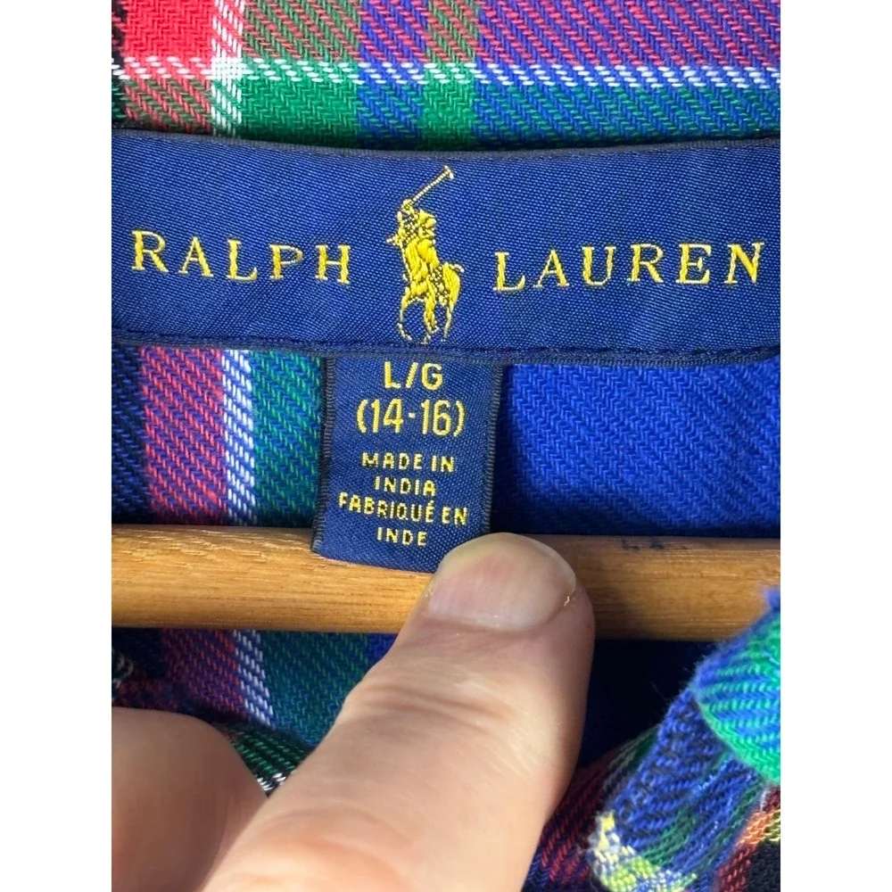 NWOT Ralph Lauren Boys Blue Plaid Flannel Button Down Shirt Size L 14-16 Cotton
